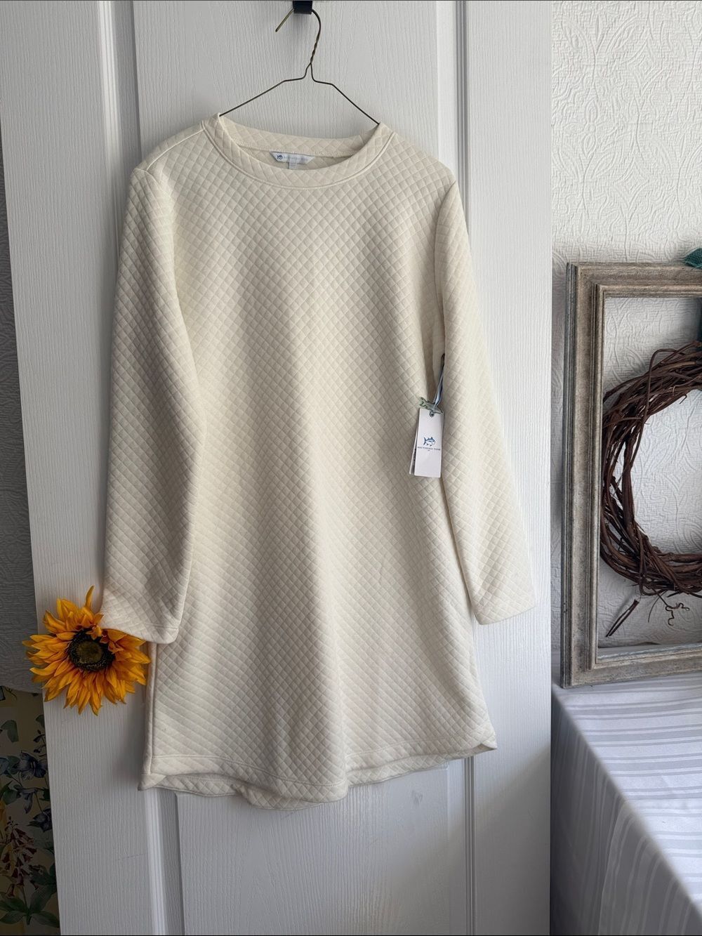 Southern Tide Cream Quilted Crewneck Sweater Dress
